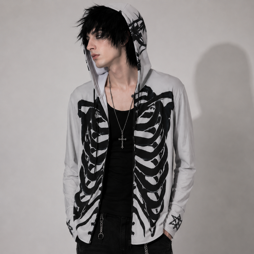 Gotischer UV50+ Unisex-Pullover Skeleton Wings – Leichter Grunge Y2K-Kapuzenpullover SPF50+