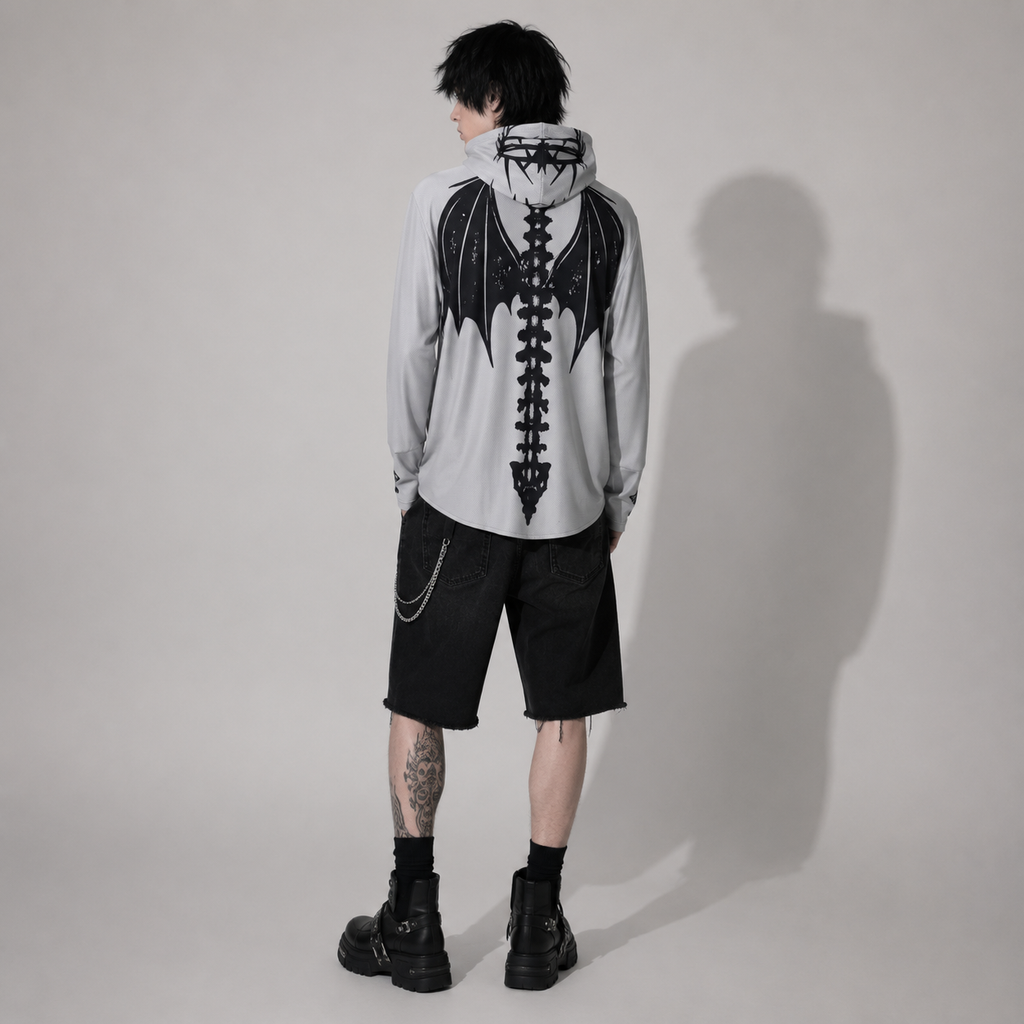 Gotischer UV50+ Unisex-Pullover Skeleton Wings – Leichter Grunge Y2K-Kapuzenpullover SPF50+
