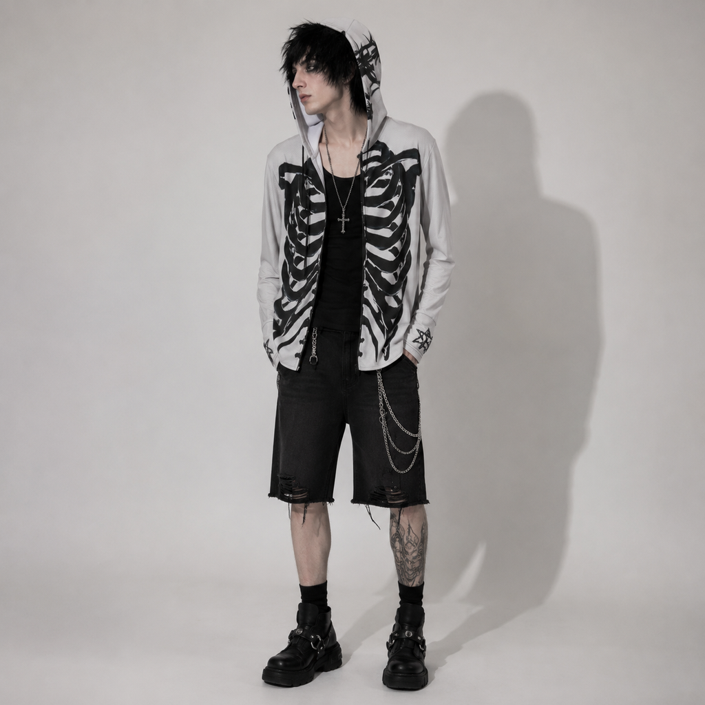 Gotischer UV50+ Unisex-Pullover Skeleton Wings – Leichter Grunge Y2K-Kapuzenpullover SPF50+