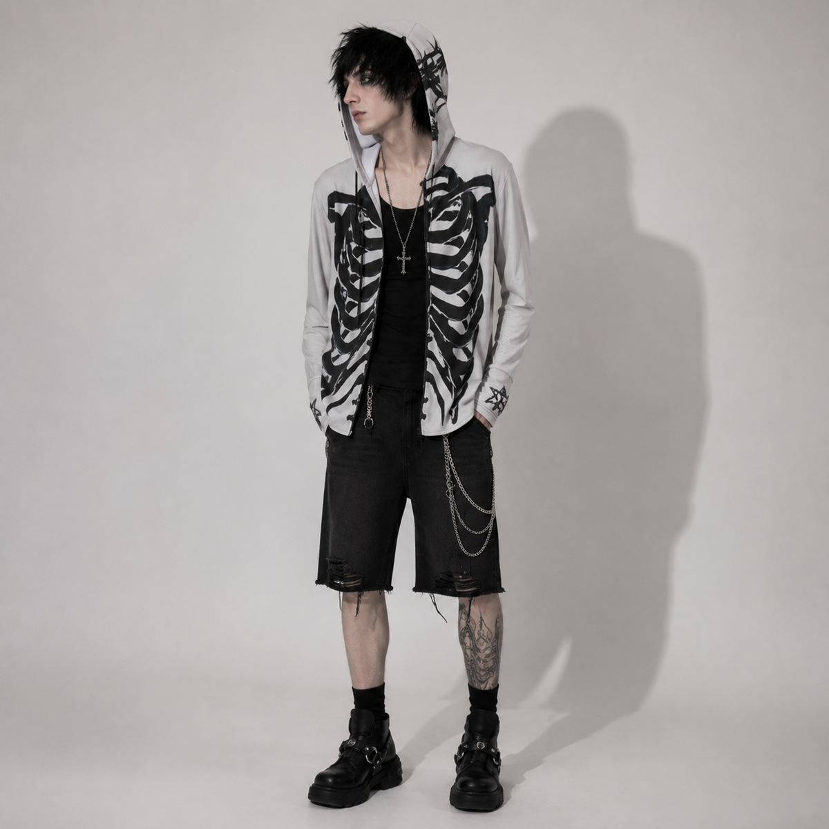 Gotischer UV50+ Unisex-Pullover Skeleton Wings – Leichter Grunge Y2K-Kapuzenpullover SPF50+