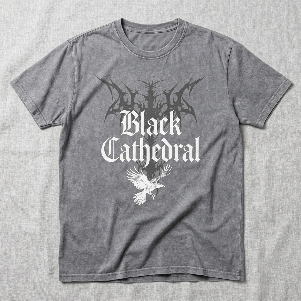 Gotisches Unisex-T-Shirt Mineral Wash Black Cathedral I – The Raven’s Call