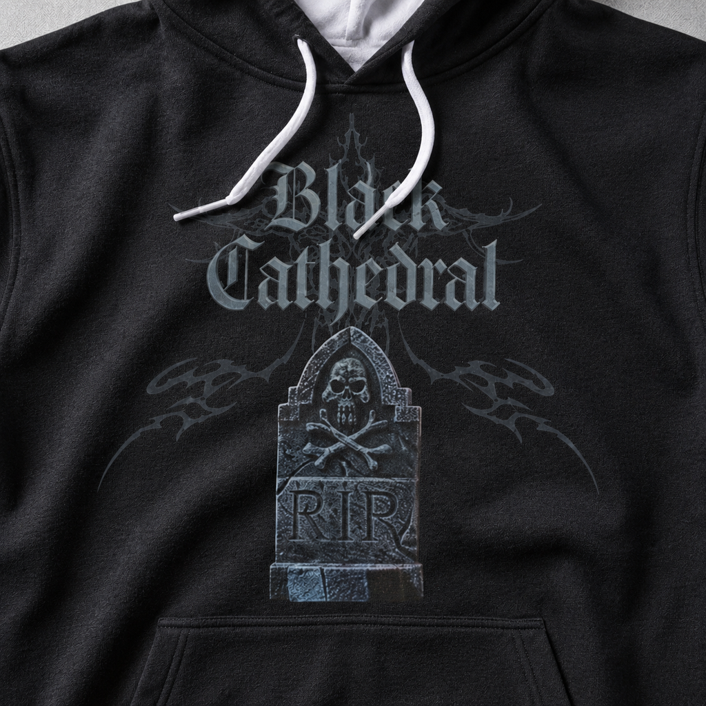 Gotischer Premium-Fullprint-Pullover | Black Cathedral – Gray Silence Grabstein-Hoodie 280 GSM
