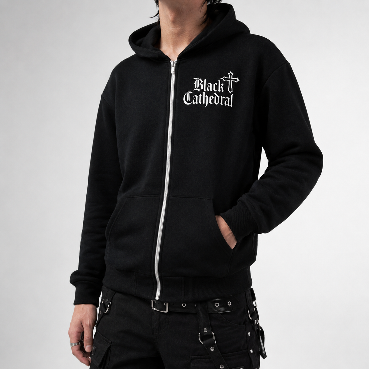 Gotischer Zip-Hoodie | Black Cathedral Death's Moth | Premium-Vollprint 280 GSM