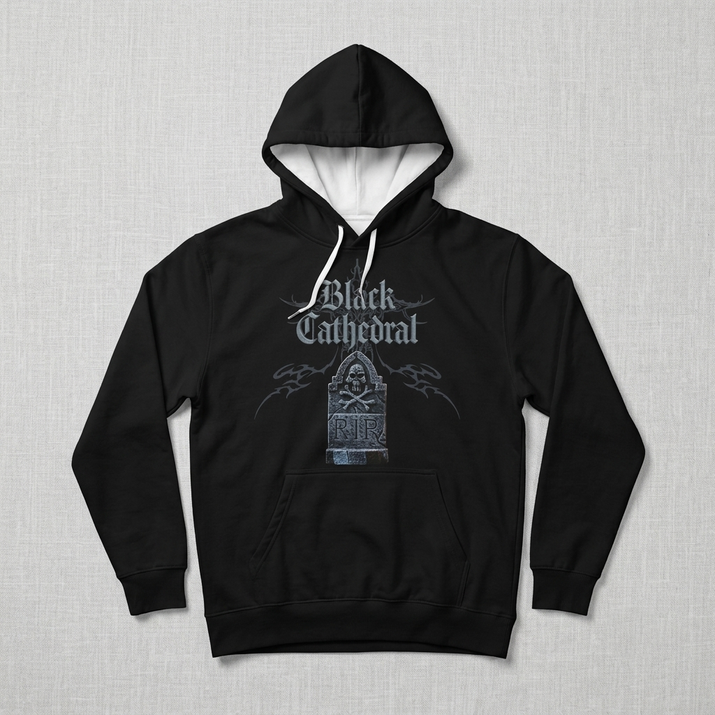 Gotischer Premium-Fullprint-Pullover | Black Cathedral – Gray Silence Grabstein-Hoodie 280 GSM