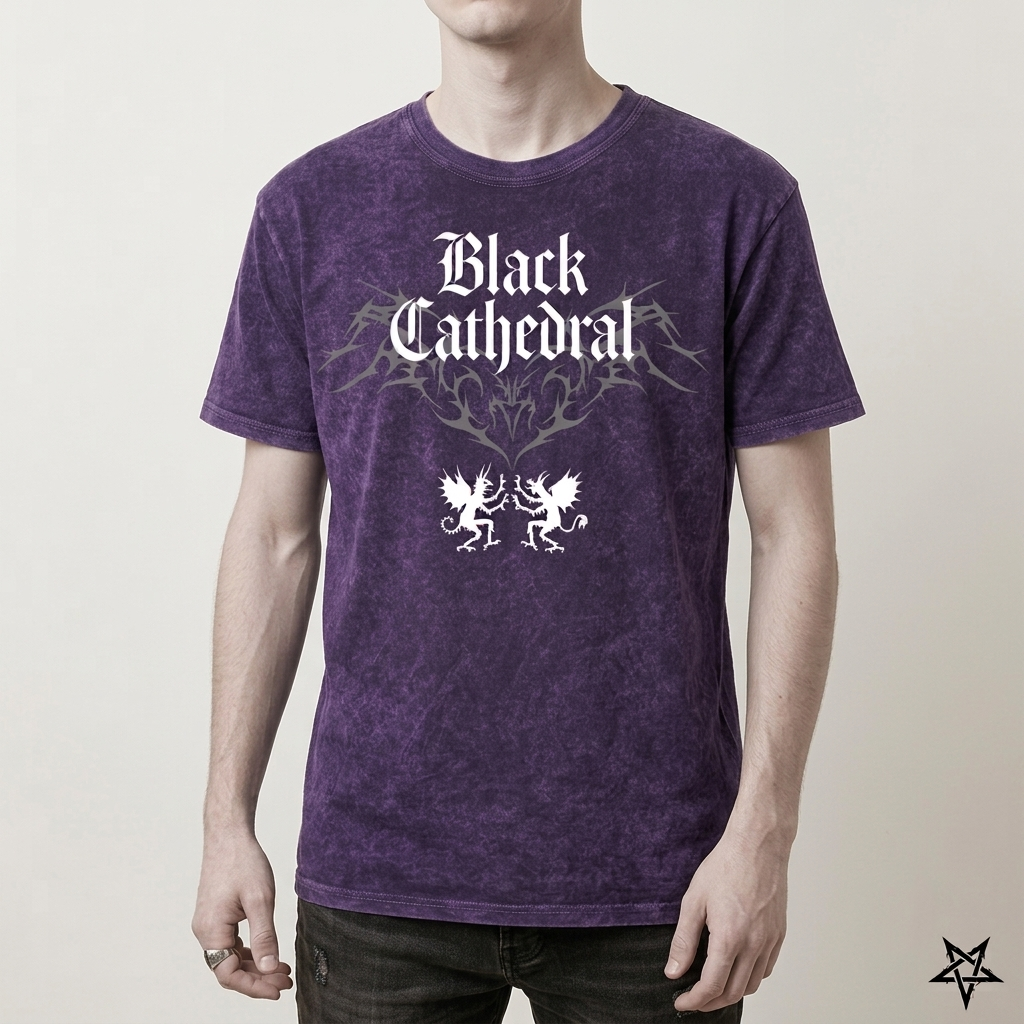 Gotisches Vintage-Washed-T-Shirt | Black Cathedral Devil Crest | Gothic Darkwear T-Shirt 100% Baumwolle