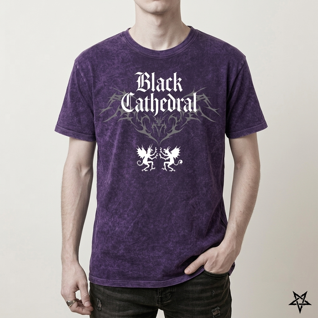 Gotisches Vintage-Washed-T-Shirt | Black Cathedral Devil Crest | Gothic Darkwear T-Shirt 100% Baumwolle