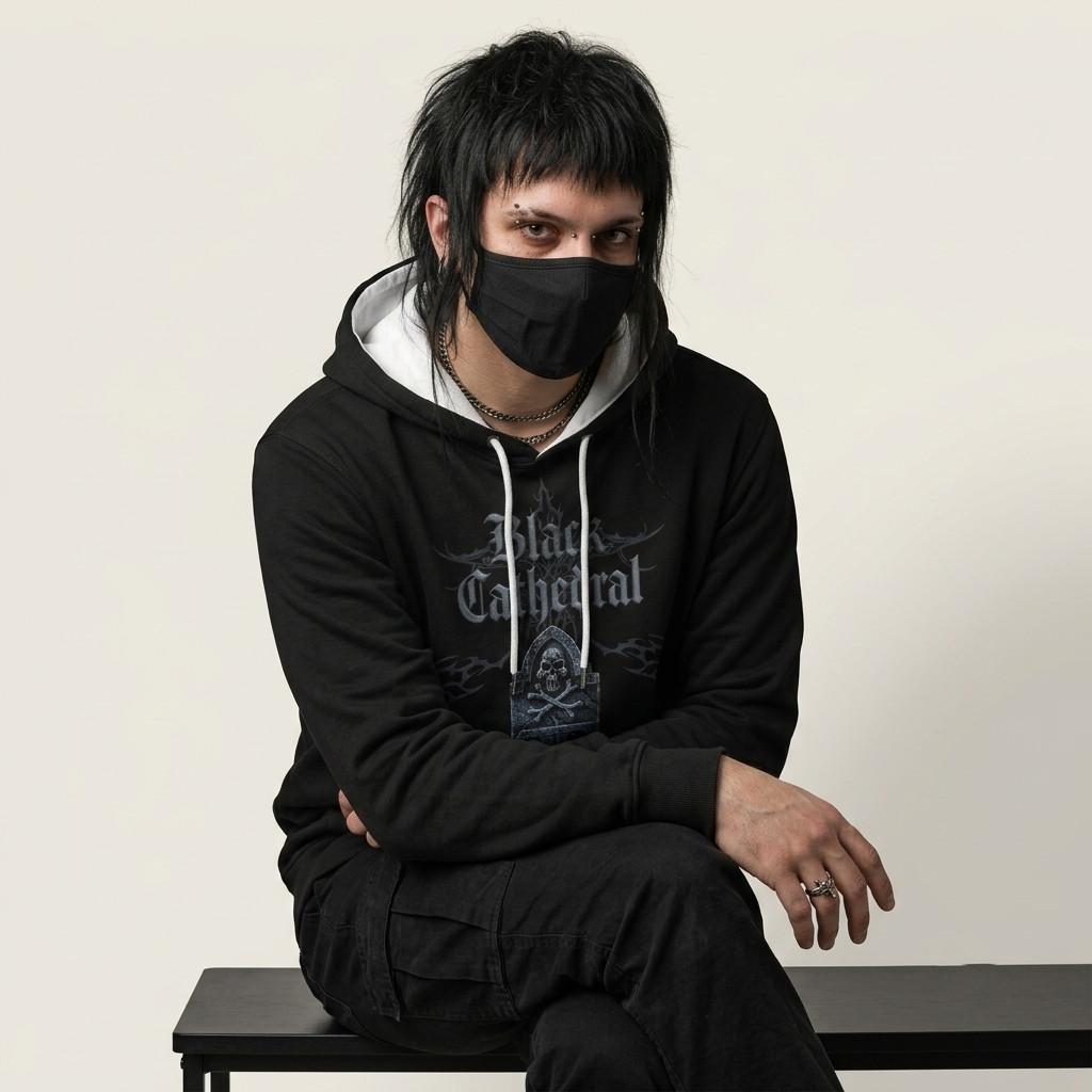 Gotischer Premium-Fullprint-Pullover | Black Cathedral – Gray Silence Grabstein-Hoodie 280 GSM