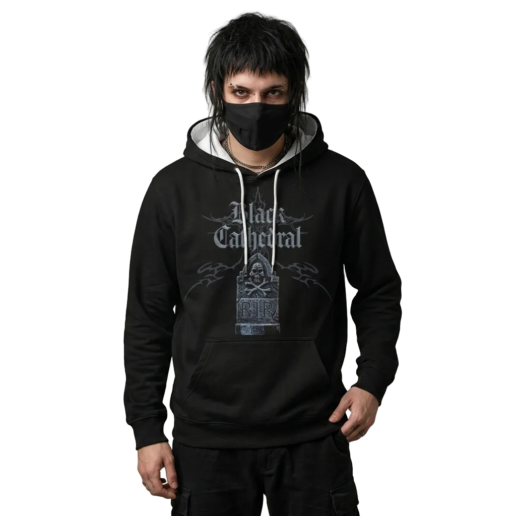 Gotischer Premium-Fullprint-Pullover | Black Cathedral – Gray Silence Grabstein-Hoodie 280 GSM