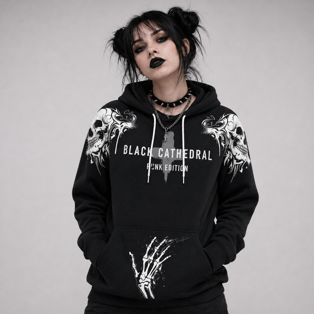 Punk Goth Oversize-Hoodie Unisex | Black Cathedral Chaos Bones Hoodie | Premium French Terry