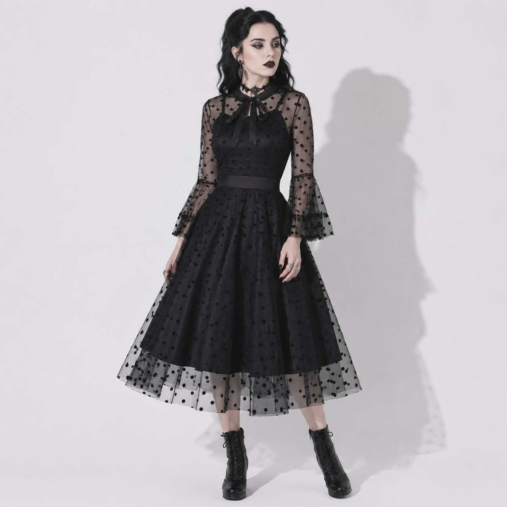 Gotisches Gothabilly-Kleid „Nocturne Belle“ | Dark Pin-Up-Kleid mit Tüll und Netzstoff | Romantisches Gothic-Midikleid