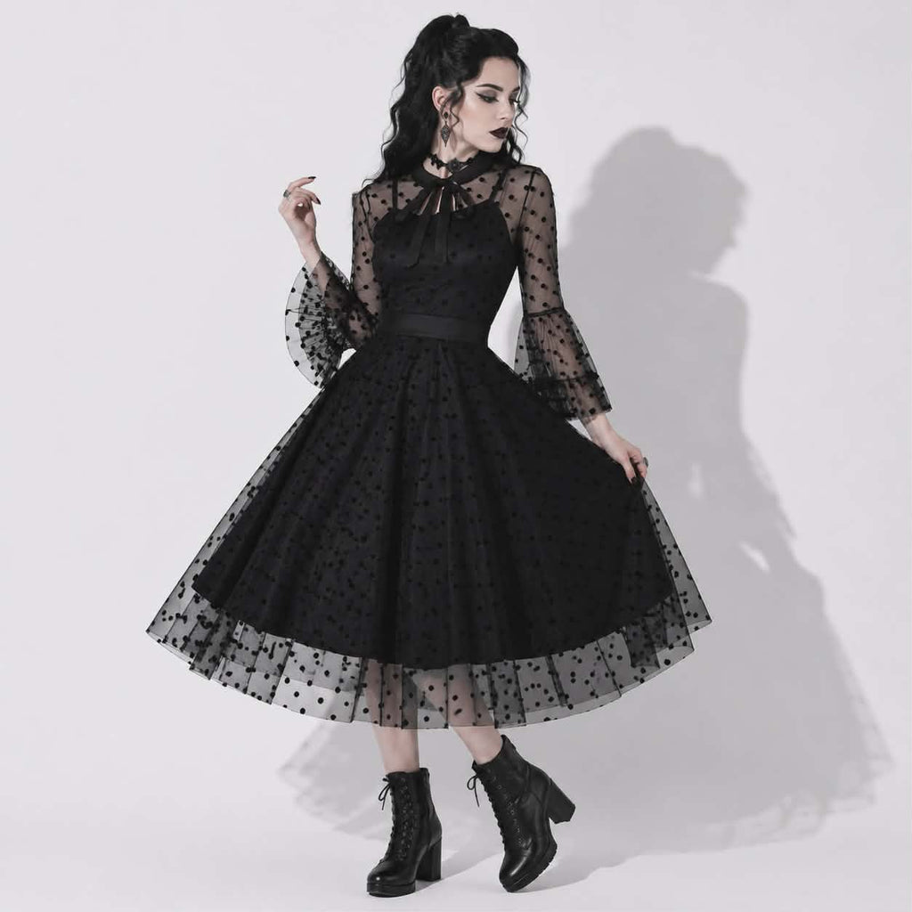 Gotisches Gothabilly-Kleid „Nocturne Belle“ | Dark Pin-Up-Kleid mit Tüll und Netzstoff | Romantisches Gothic-Midikleid