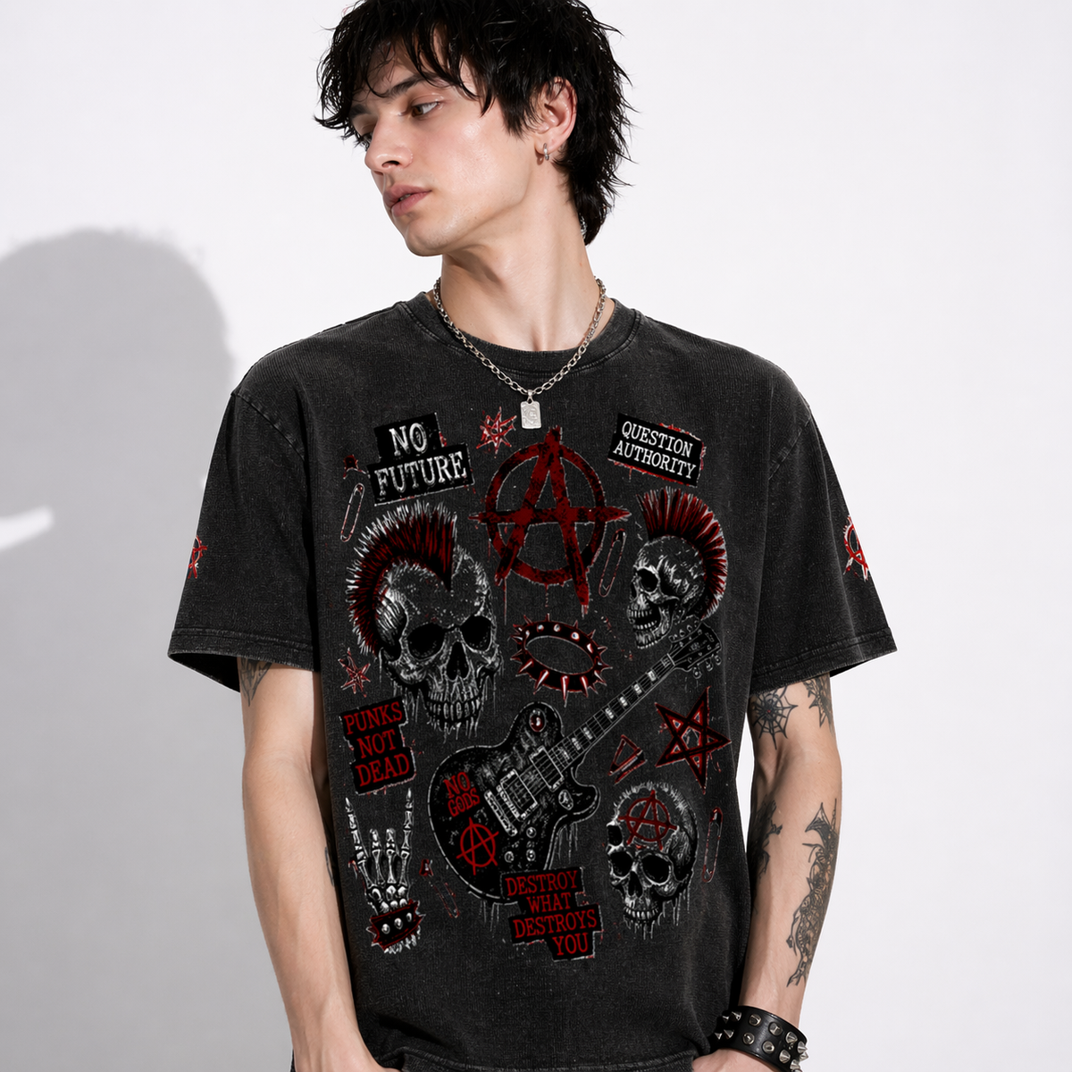 T-Shirt Boxy Punk Rebel Anarchy – Strukturierter Waffelstrick | Schwerer gewaschener Baumwollstoff 250 g/m² | Industrielle Ästhetik