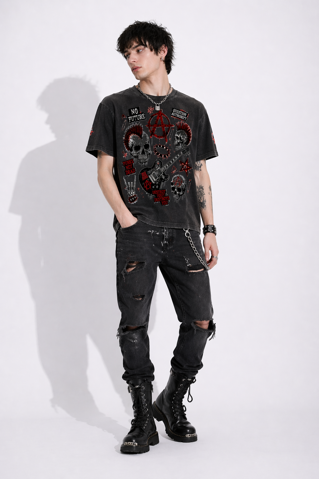 T-Shirt Boxy Punk Rebel Anarchy – Strukturierter Waffelstrick | Schwerer gewaschener Baumwollstoff 250 g/m² | Industrielle Ästhetik
