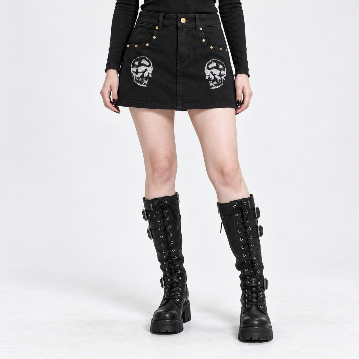 Czarna Spódniczka Jeansowa Mini Punk Goth z Czaszkami | Skull Rebellion – 390 GSM