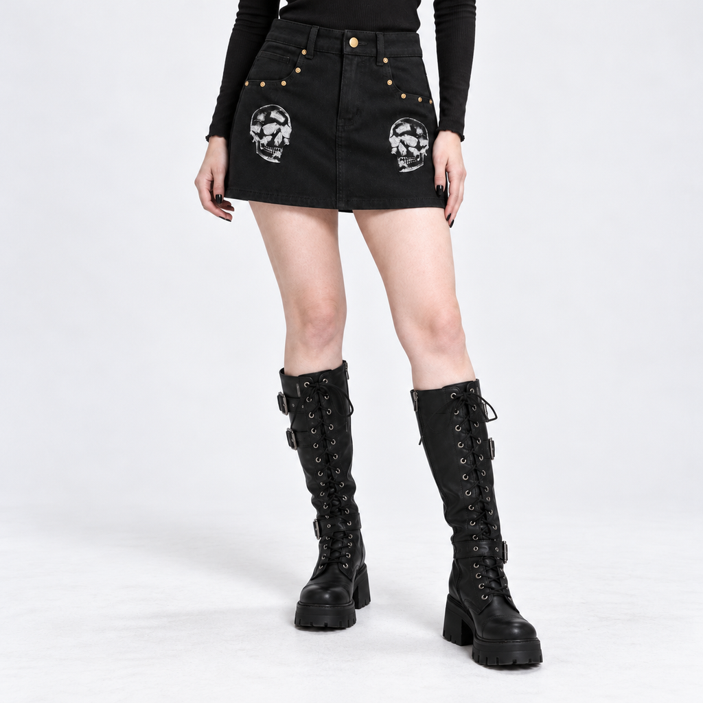 Schwarzer Jeans-Minirock Punk Goth mit Totenköpfen | Skull Rebellion – 390 GSM