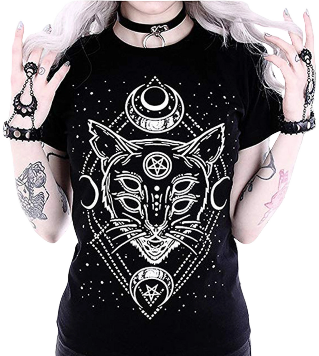 Gothic Women T-shirt with Magical Ezoteric Cat 