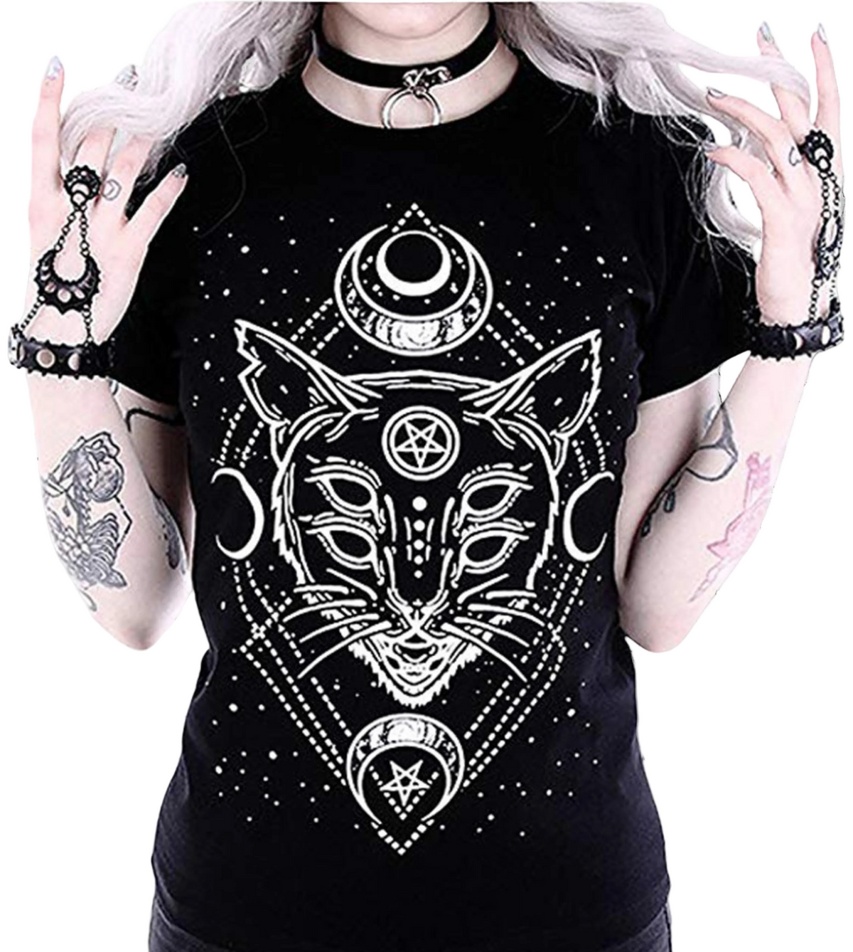 Gothic Women T-shirt with Magical Ezoteric Cat 