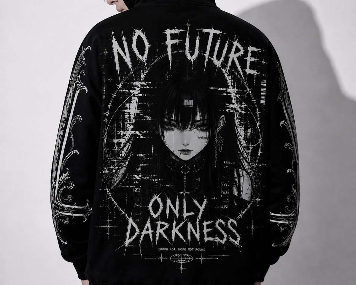gothic hoodie only darkness back view model black y2k harajuku outfit