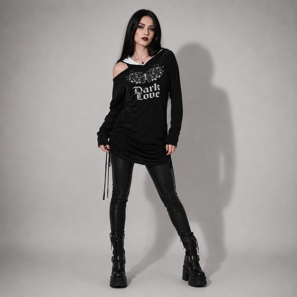 Gotisches Hoodie-Kleid Dark Love – Asymmetrisches Kleid mit Kapuze, freier Schulter und Aufdruck | Gothic | Darkwear | Alternative Fashion