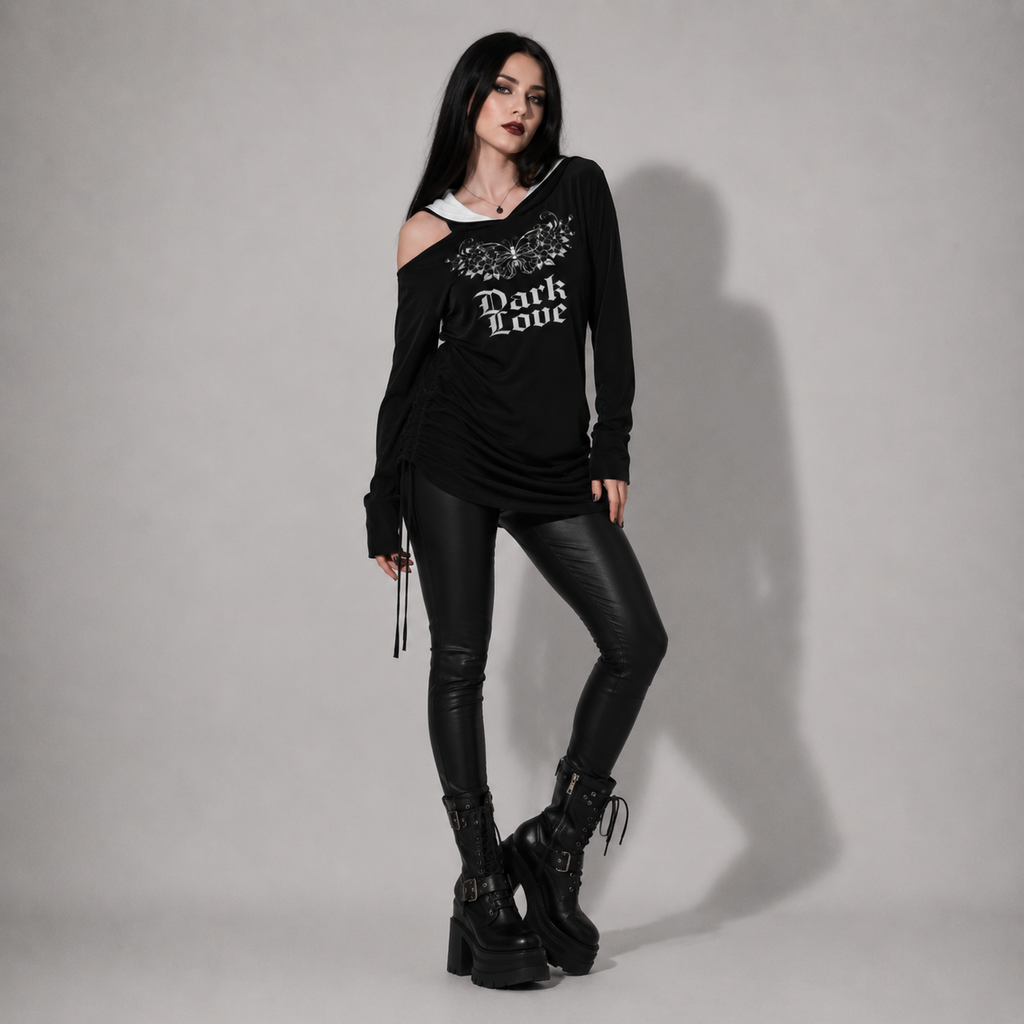 Gotisches Hoodie-Kleid Dark Love – Asymmetrisches Kleid mit Kapuze, freier Schulter und Aufdruck | Gothic | Darkwear | Alternative Fashion