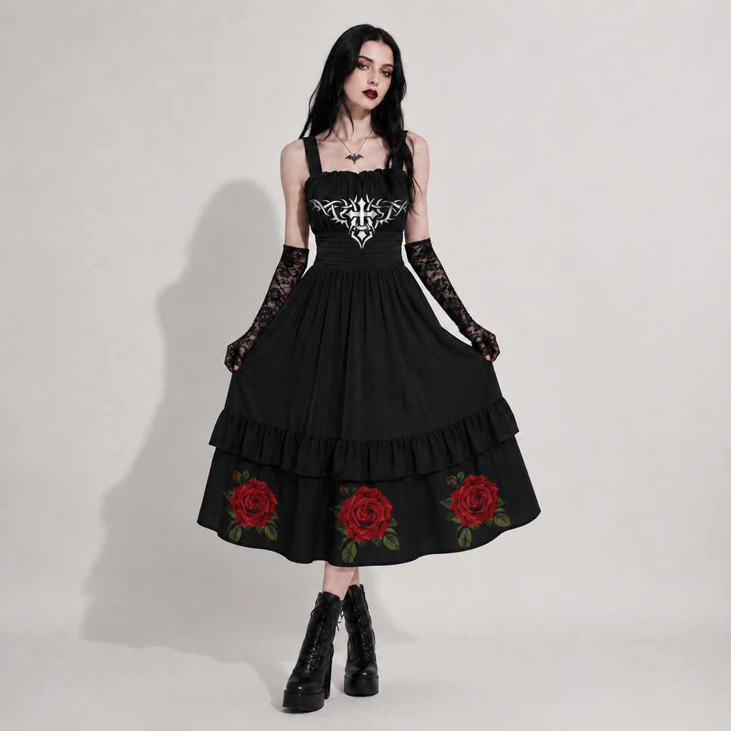 Gotisches Kleid Rose & Pain Cross | Schwarzes Kleid mit Rosen, Kreuz und Rüschen