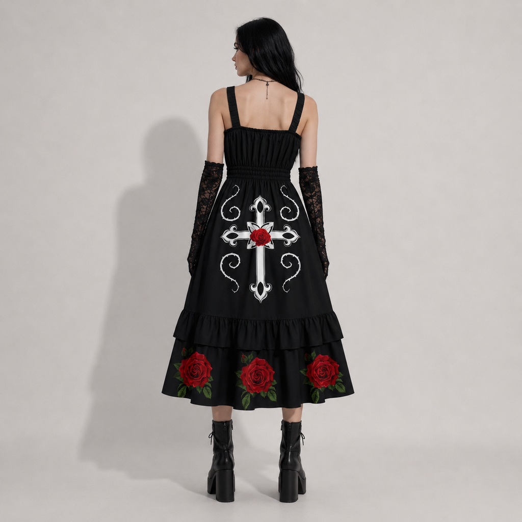 Gotisches Kleid Rose & Pain Cross | Schwarzes Kleid mit Rosen, Kreuz und Rüschen