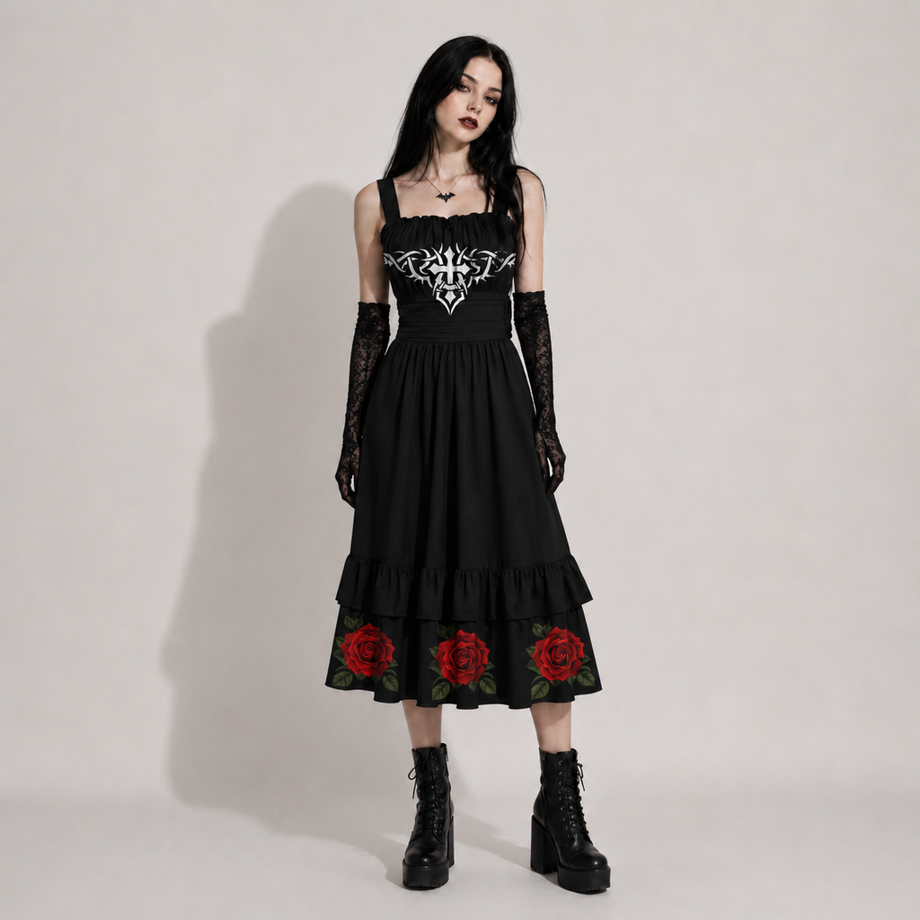 Gotisches Kleid Rose & Pain Cross | Schwarzes Kleid mit Rosen, Kreuz und Rüschen