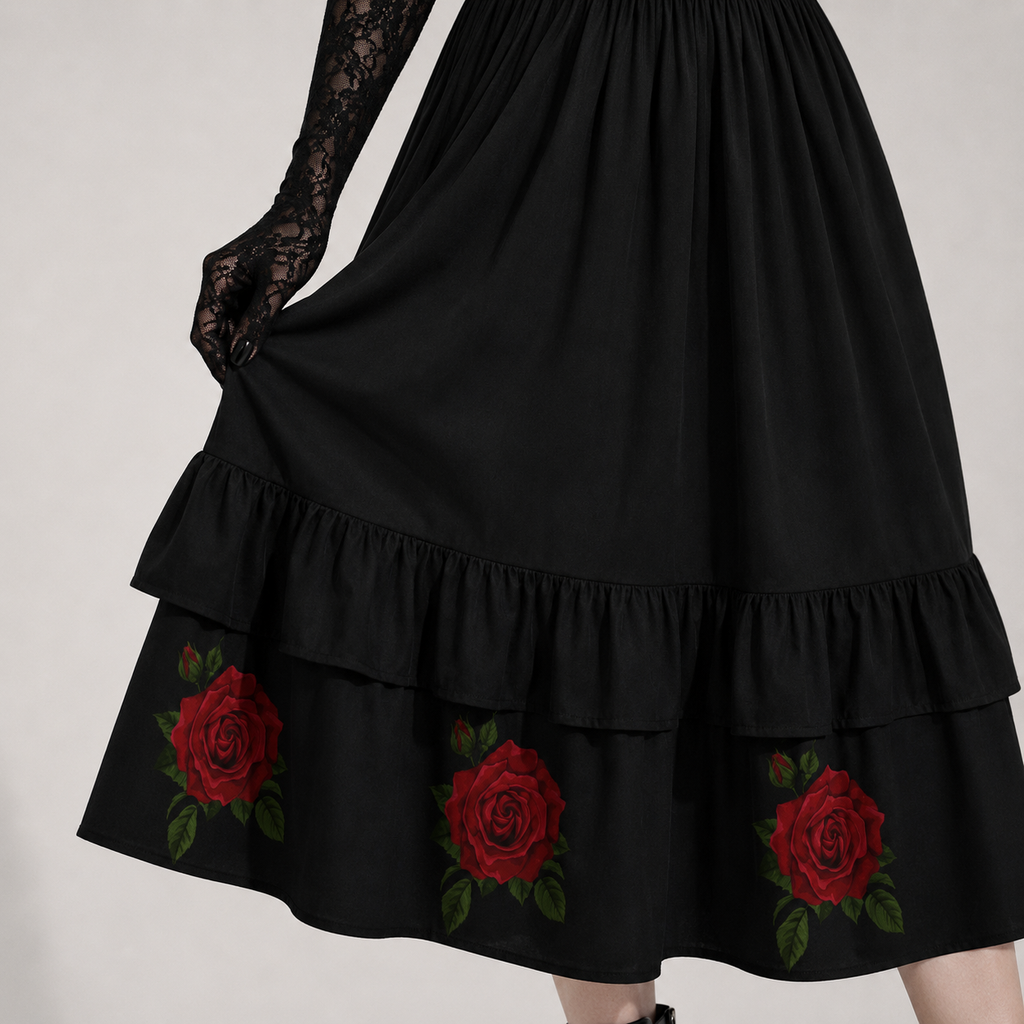 Gotisches Kleid Rose & Pain Cross | Schwarzes Kleid mit Rosen, Kreuz und Rüschen
