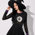 Gotische Witch Cat Moon Bluse | Damen Witchcore Top mit Spitze und Spitzenärmeln