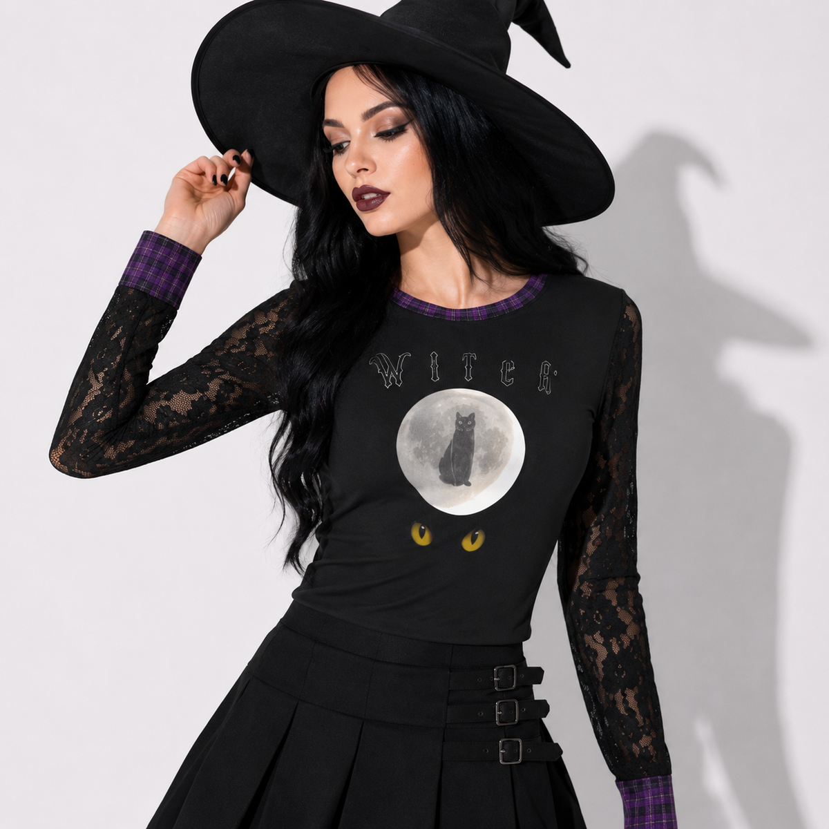 Gotische Witch Cat Moon Bluse | Damen Witchcore Top mit Spitze und Spitzenärmeln