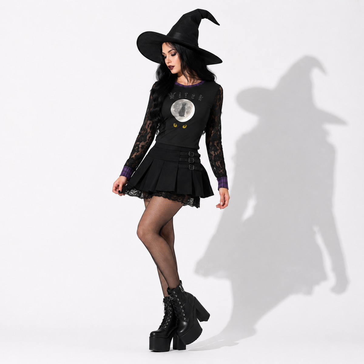 Gotische Witch Cat Moon Bluse | Damen Witchcore Top mit Spitze und Spitzenärmeln