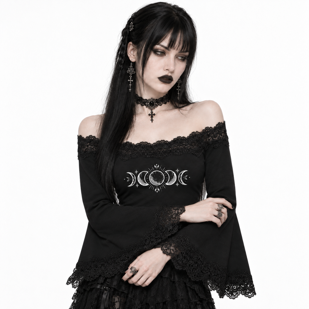 Gothic Damen Oberteil mit Spitze, Carmen-Ausschnitt und Trompetenärmeln | Lunar Veil – Black Rose