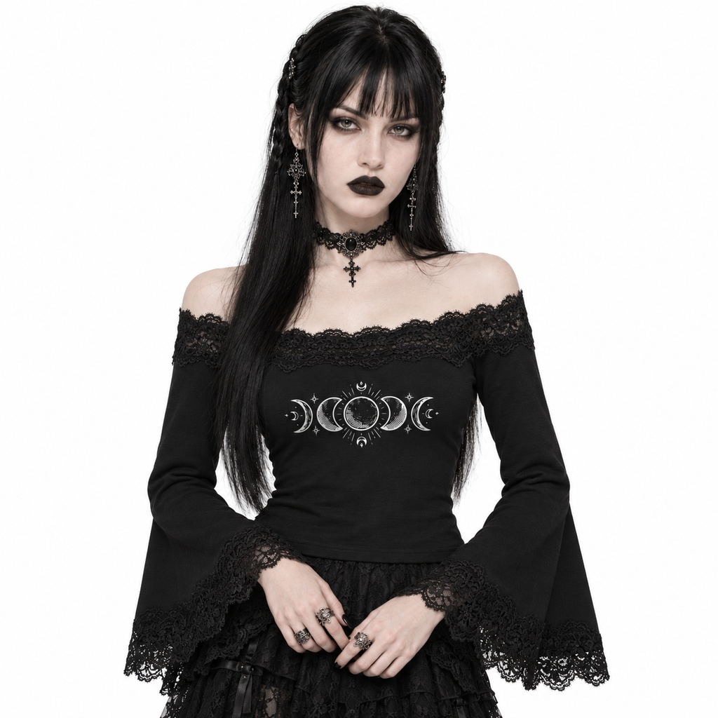 Gothic Damen Oberteil mit Spitze, Carmen-Ausschnitt und Trompetenärmeln | Lunar Veil – Black Rose