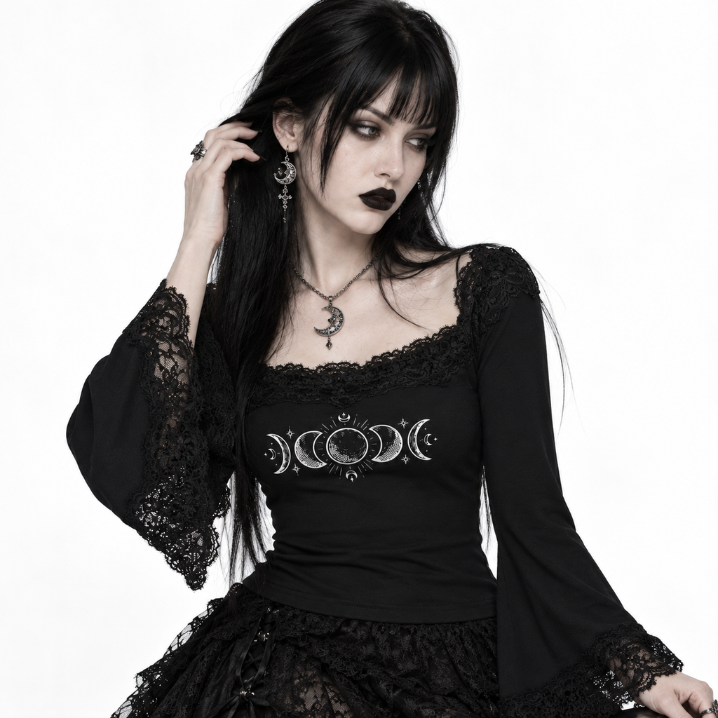 Gothic Damen Oberteil mit Spitze, Carmen-Ausschnitt und Trompetenärmeln | Lunar Veil – Black Rose