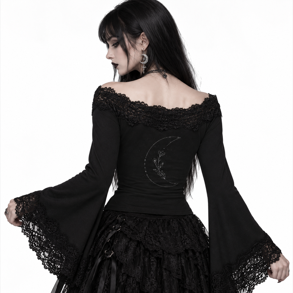 Gothic Damen Oberteil mit Spitze, Carmen-Ausschnitt und Trompetenärmeln | Lunar Veil – Black Rose