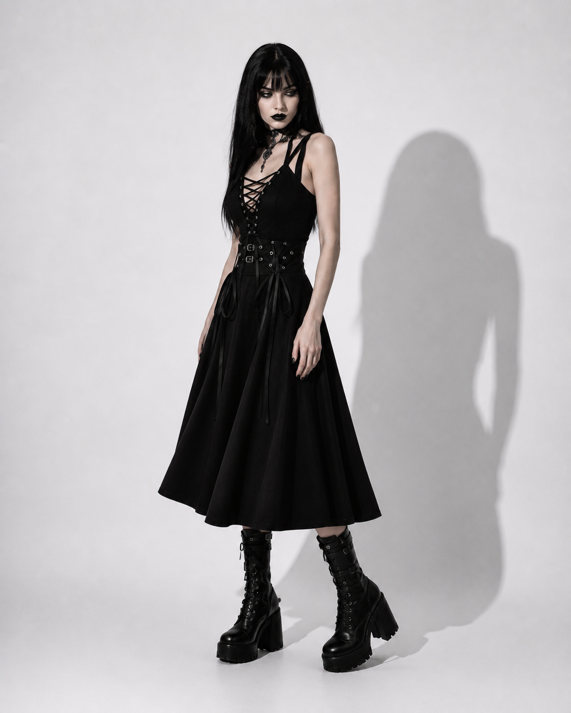 Gotisches Kleid mit Schleifen – Schwarzes Gothic-A-Linien-Kleid mit hoher Taille | Dark Aesthetic Midikleid
