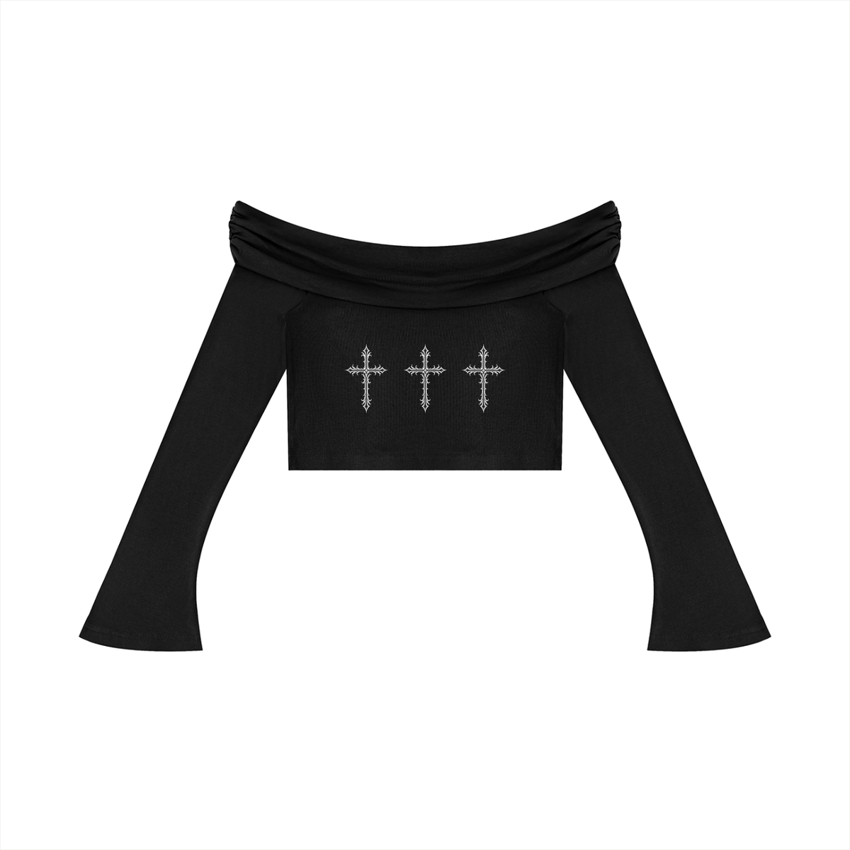 black gothic off shoulder crop top long sleeve cross print back view isolated
