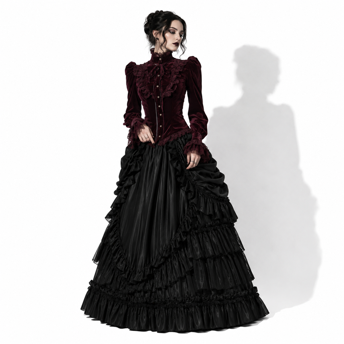 Gotische elegante Damenbluse in Bordeaux | Romantische Gothic-Samtbluse