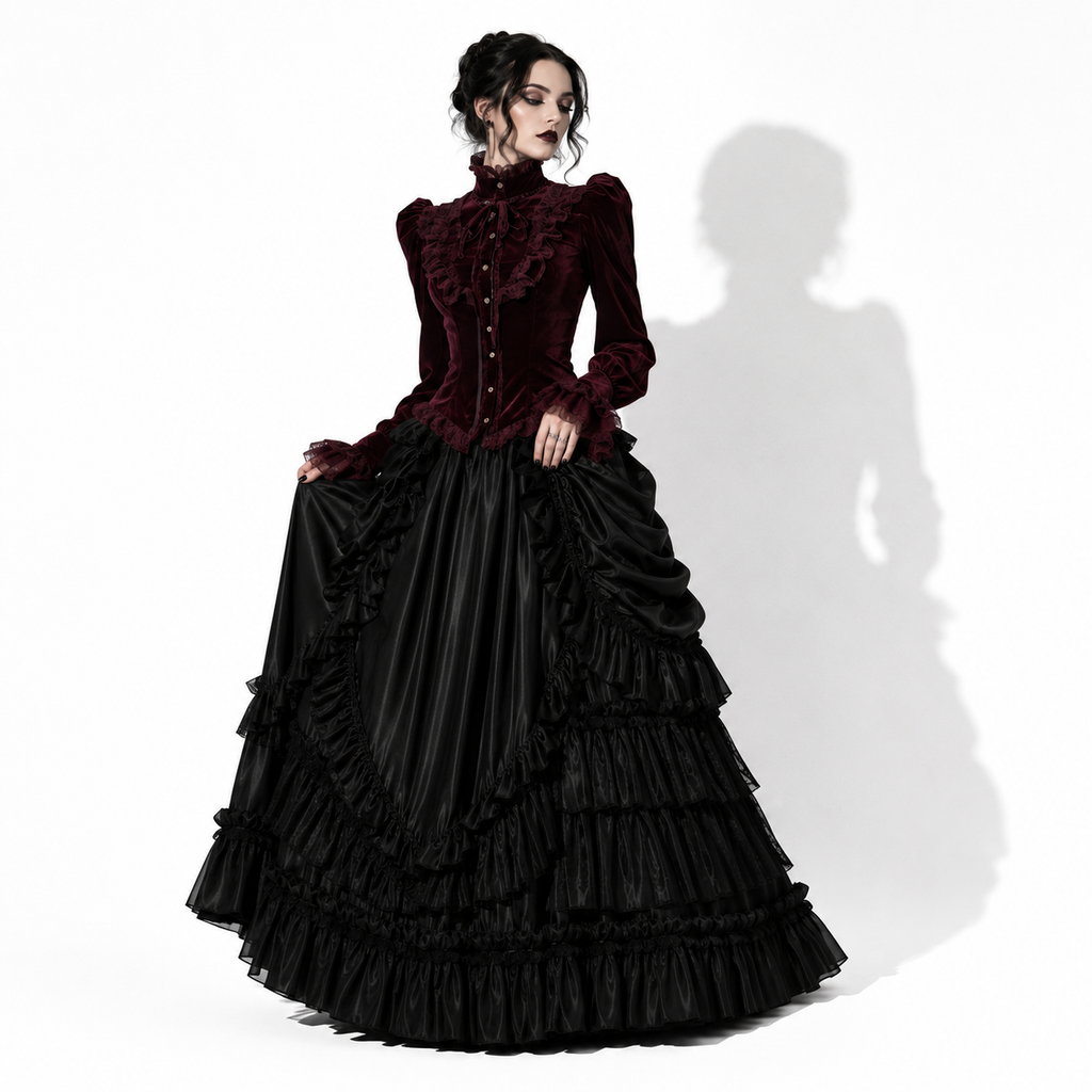 Gotische elegante Damenbluse in Bordeaux | Romantische Gothic-Samtbluse
