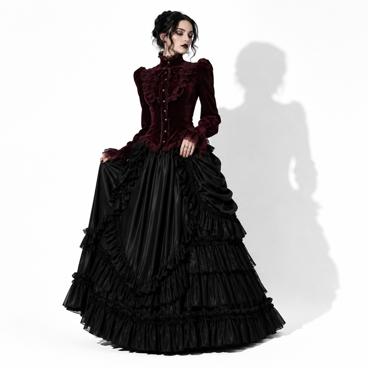 Gotische elegante Damenbluse in Bordeaux | Romantische Gothic-Samtbluse