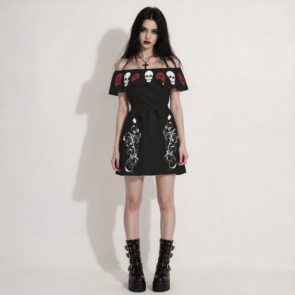 Gotisches schulterfreies Kleid Dark Rose & Skull | Gothic Off Shoulder Dress
