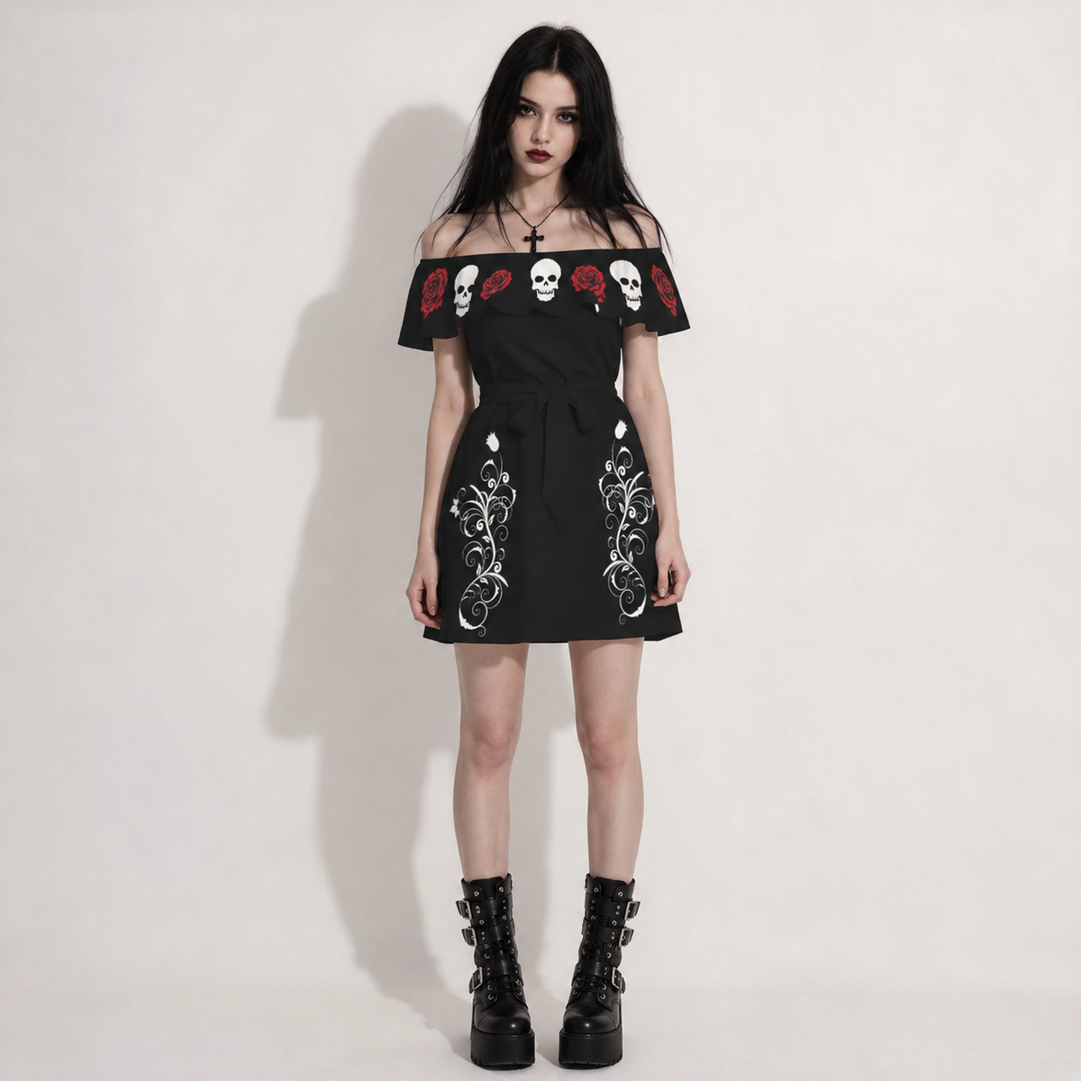 Gotisches schulterfreies Kleid Dark Rose & Skull | Gothic Off Shoulder Dress