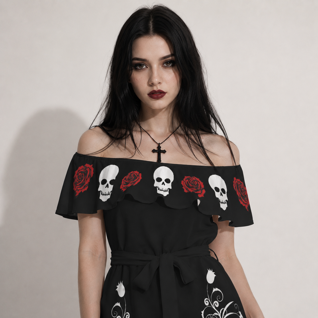Gotisches schulterfreies Kleid Dark Rose & Skull | Gothic Off Shoulder Dress