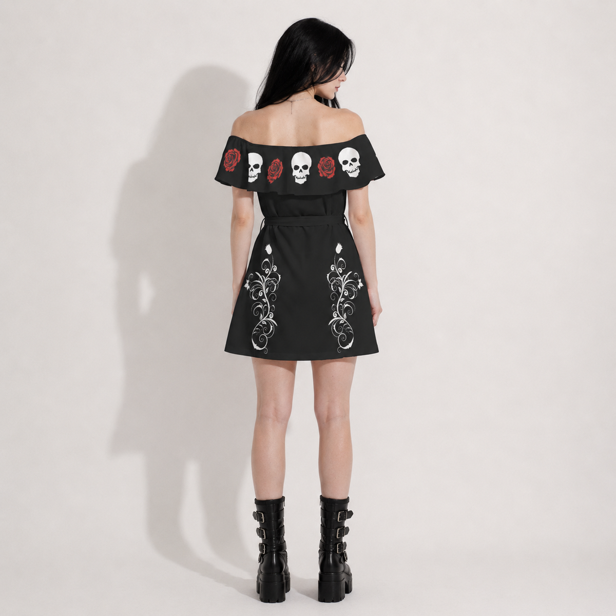 Gotisches schulterfreies Kleid Dark Rose & Skull | Gothic Off Shoulder Dress