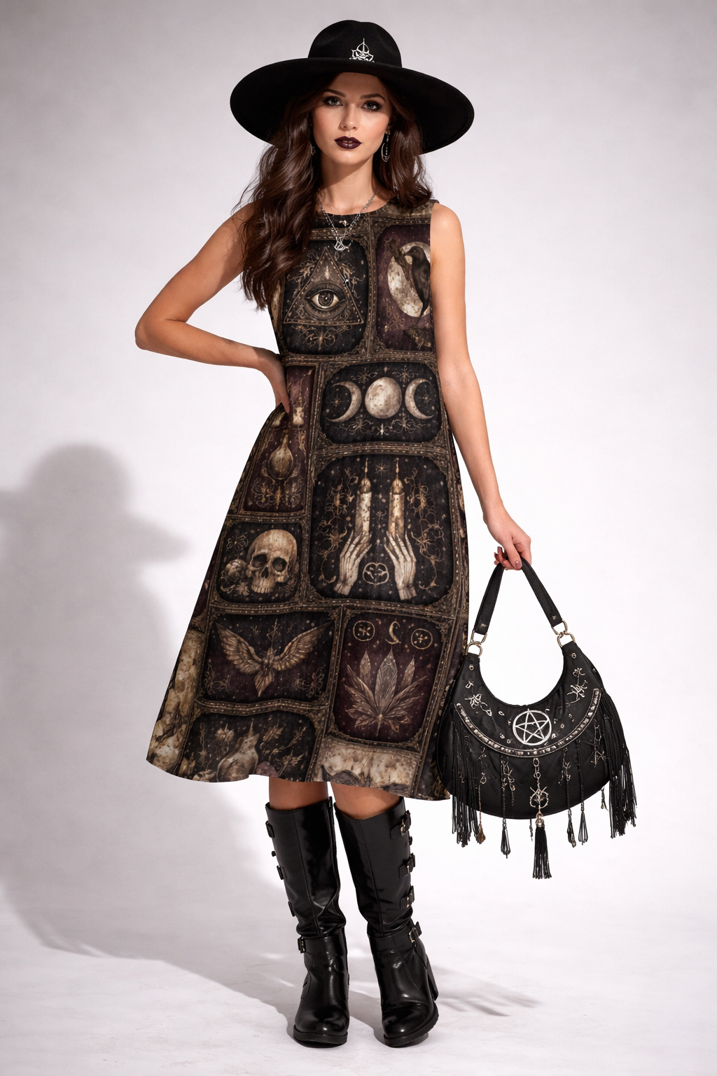 Okkultistisches Damen-Gothic-Kleid | Occult Magic Boho Patchwork 100% Baumwolle