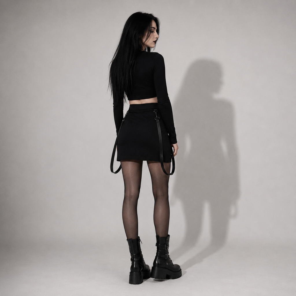 Gotischer Minirock mit Reißverschluss – Schwarzer Gothic-Rock mit Reißverschlüssen und Riemen | Darkwear | Alternative Mode