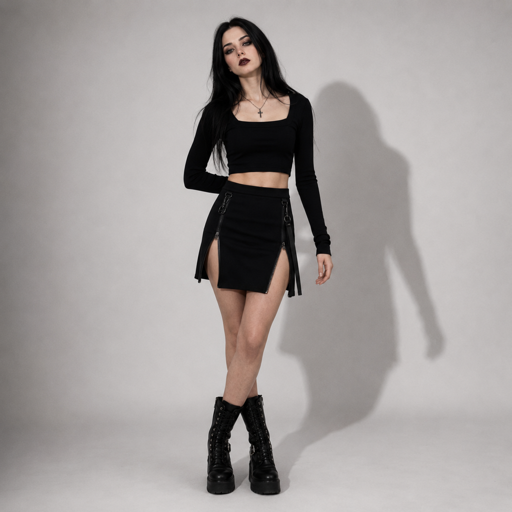 Gotischer Minirock mit Reißverschluss – Schwarzer Gothic-Rock mit Reißverschlüssen und Riemen | Darkwear | Alternative Mode
