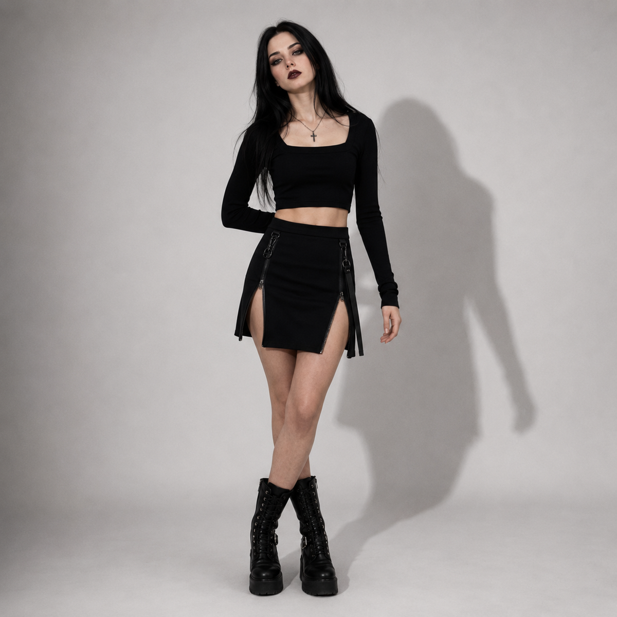 Gotischer Minirock mit Reißverschluss – Schwarzer Gothic-Rock mit Reißverschlüssen und Riemen | Darkwear | Alternative Mode