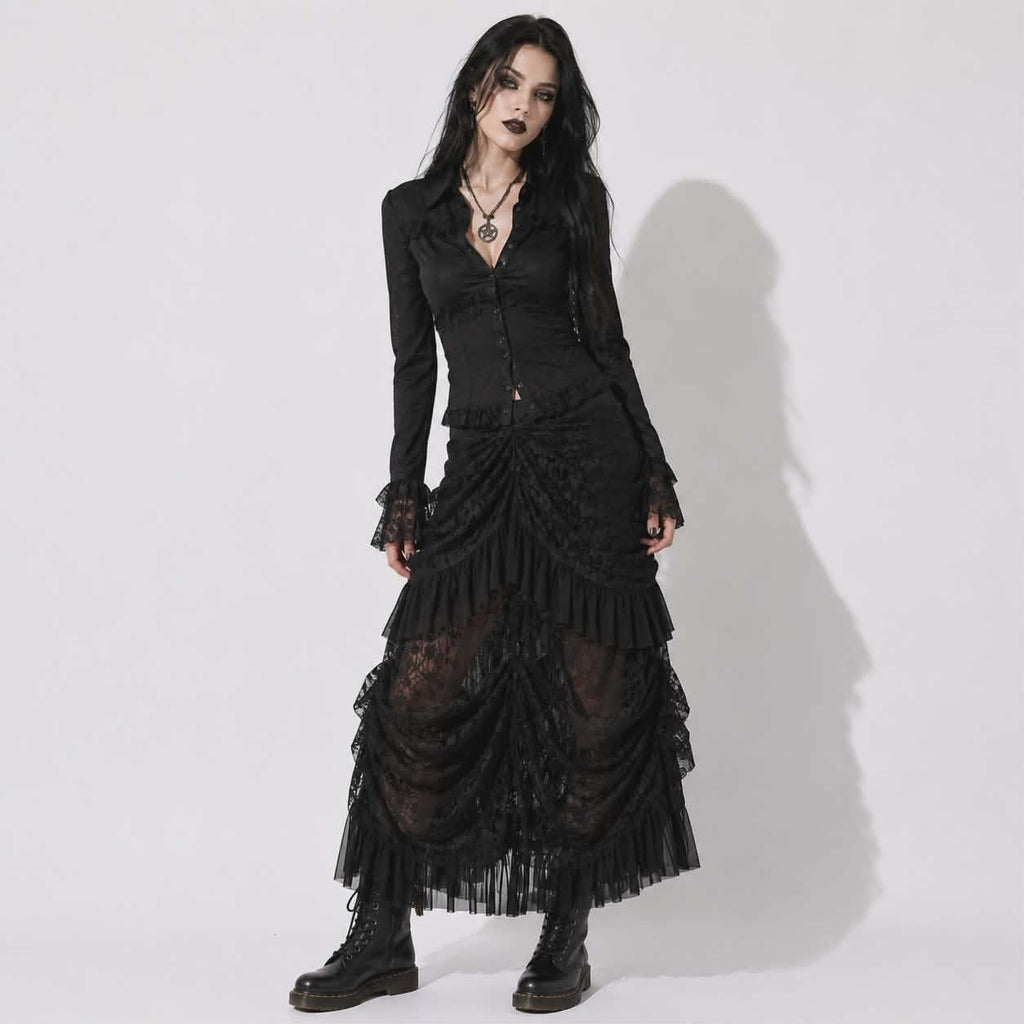 Gotischer Spitzen-Maxirock Night Kiss | Romantischer Gothic-Darkwear | Schwarzer alternativer Spitzenrock