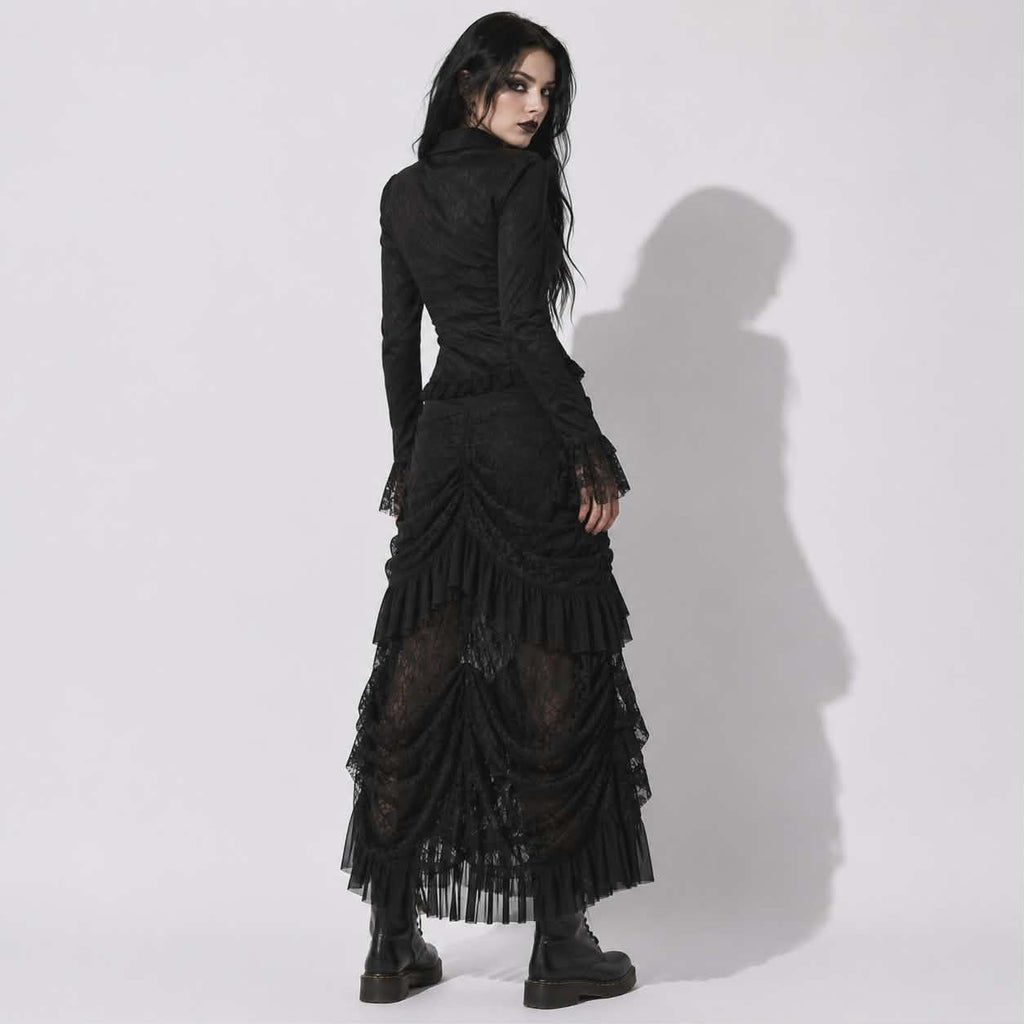 Gotischer Spitzen-Maxirock Night Kiss | Romantischer Gothic-Darkwear | Schwarzer alternativer Spitzenrock